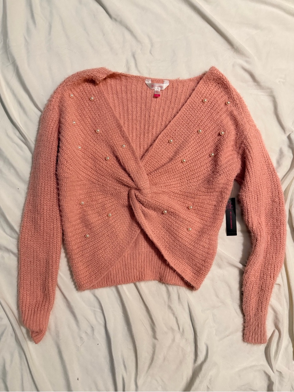 No Boundaries Dusty Pink Pearl-Accent V-Neck Twist Sweater